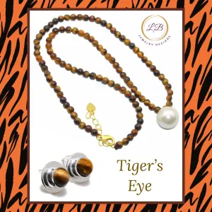 Tiger’s Eye Gemstone Pearl Pendant Necklace & Earrings Set