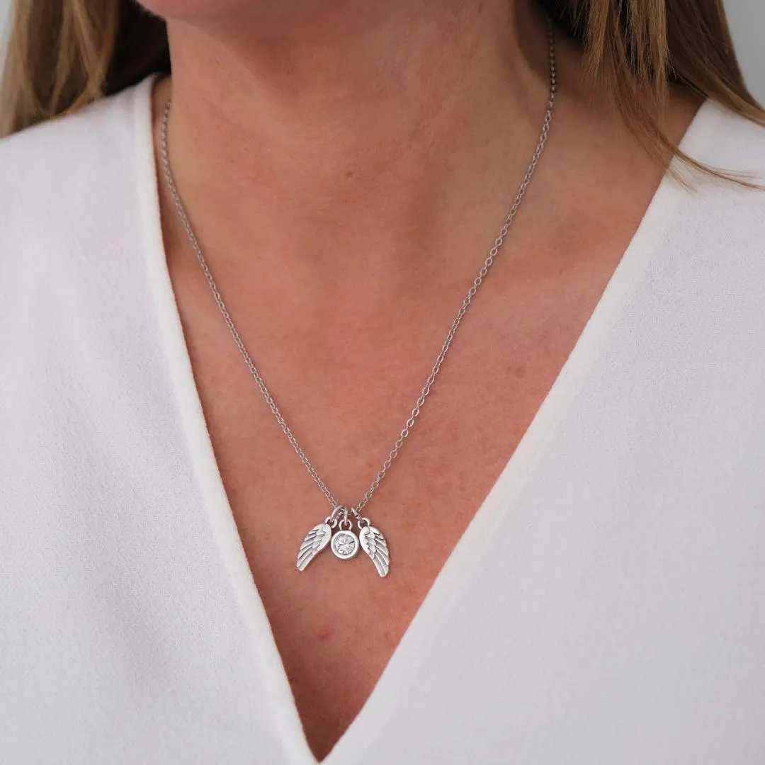 Twin Angel Wings & Birthstone Necklace, Silver