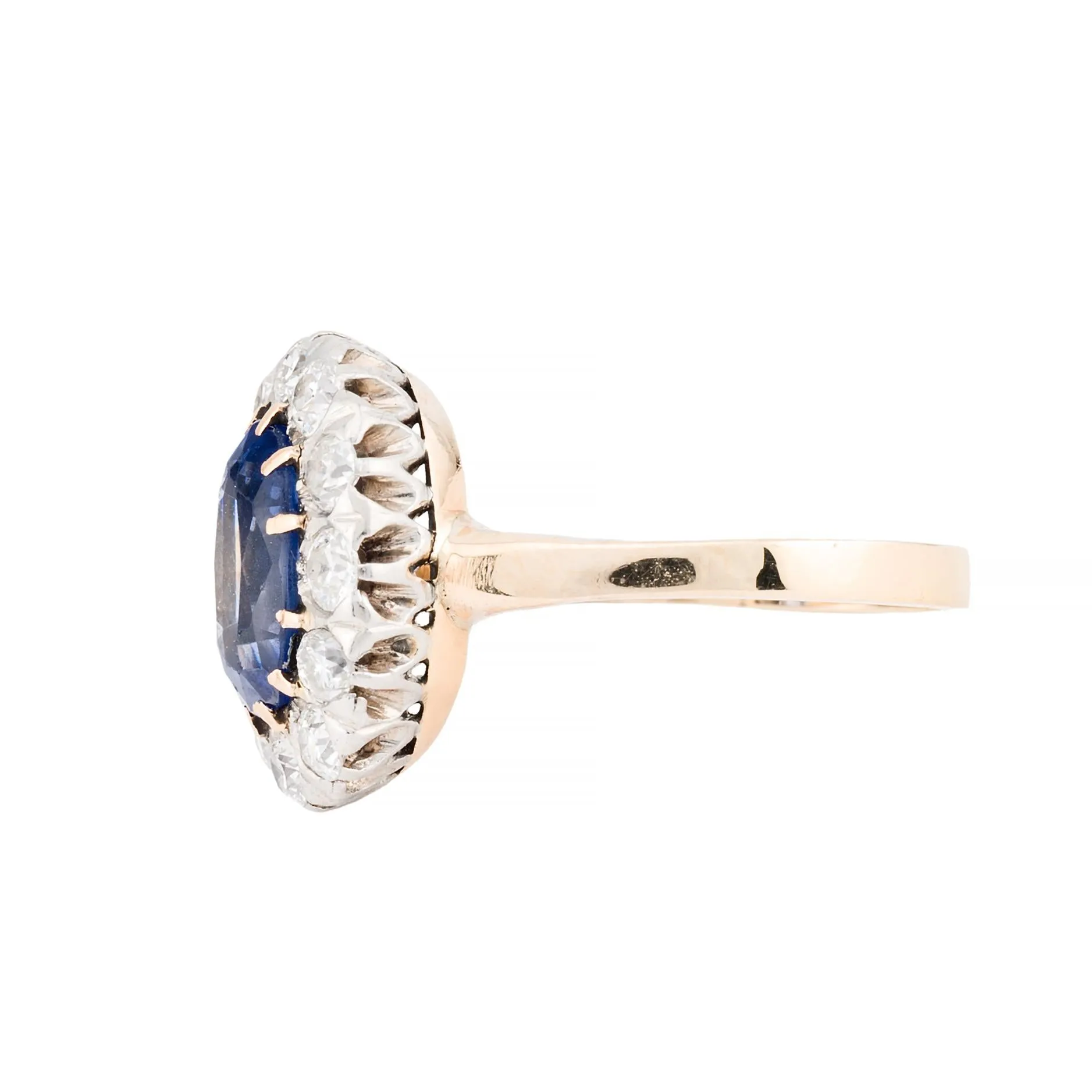 Victorian Ceylon Sapphire & Old Mine Cut Diamond Halo Ring in 14 Karat Yellow Go