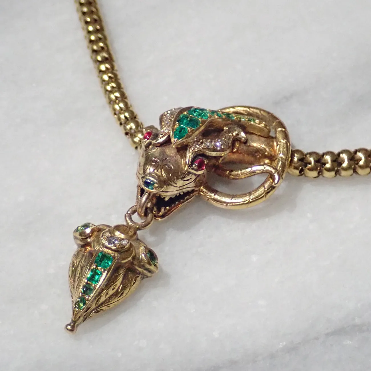 Victorian Emerald & Diamond Snake Necklace