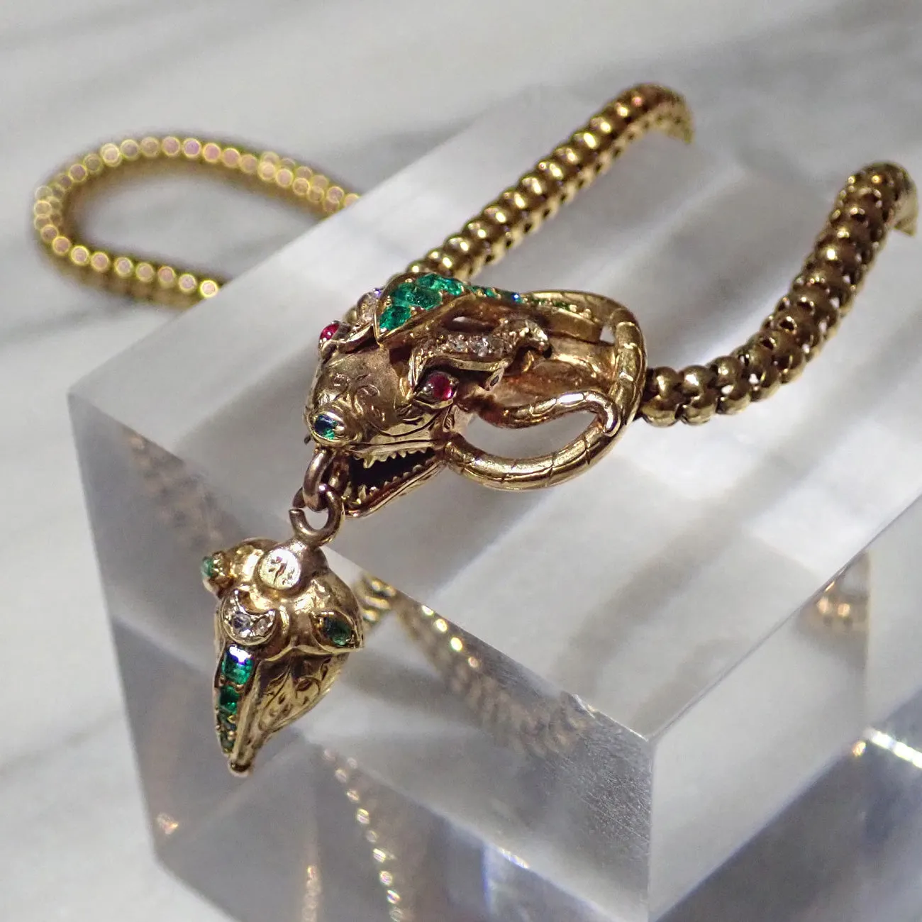Victorian Emerald & Diamond Snake Necklace
