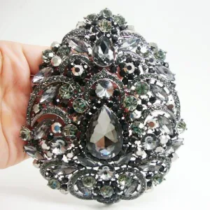 Vintage Classic Flower Drop Pendant Oval Brooch Pin Black Rhinestone Crystal