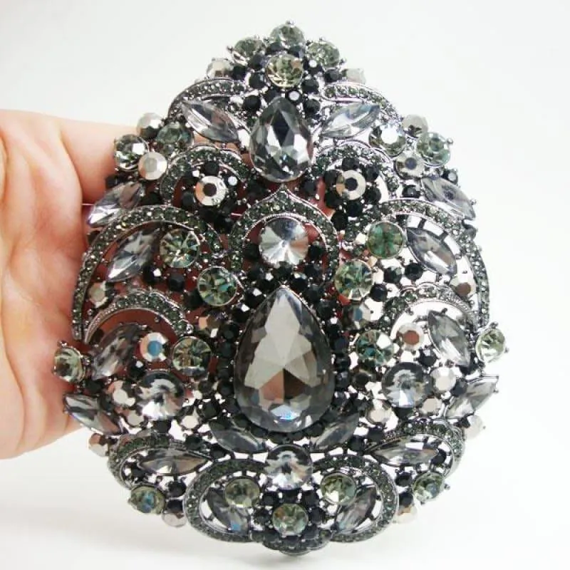 Vintage Classic Flower Drop Pendant Oval Brooch Pin Black Rhinestone Crystal