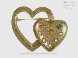 Vintage Double Heart Birthstone Mother’s Pin in Original Caroline Emmons Box 1970s