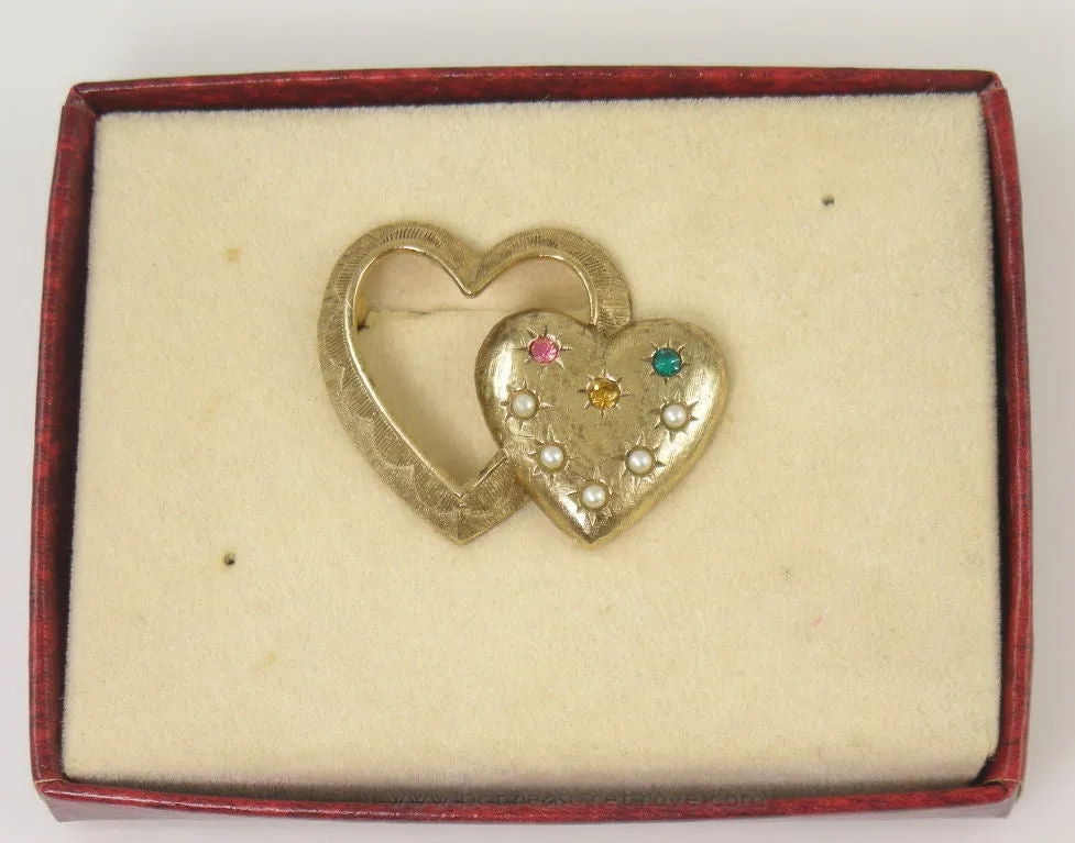 Vintage Double Heart Birthstone Mother’s Pin in Original Caroline Emmons Box 1970s