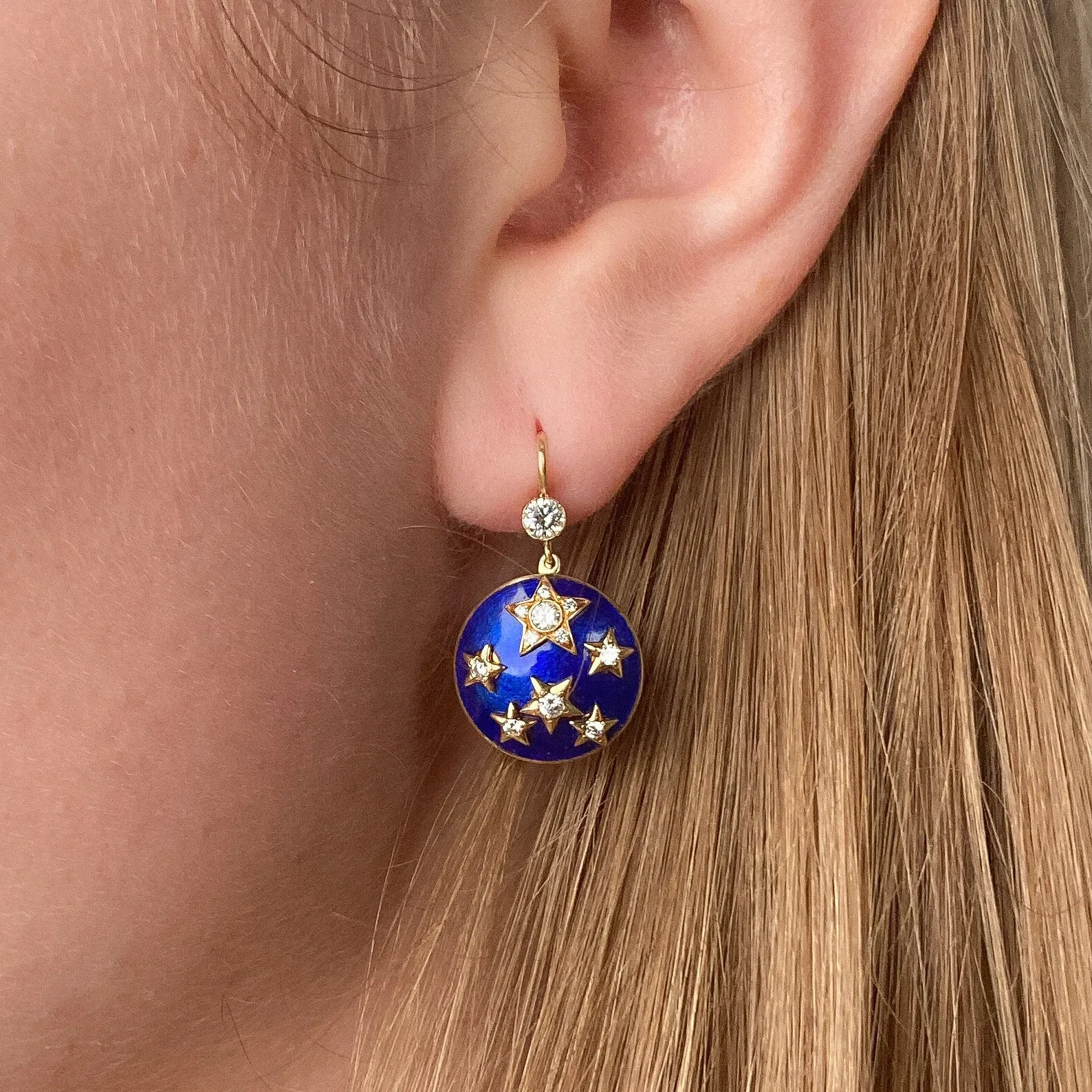 Vintage Enamel and Diamond Star Earrings of 18k Gold