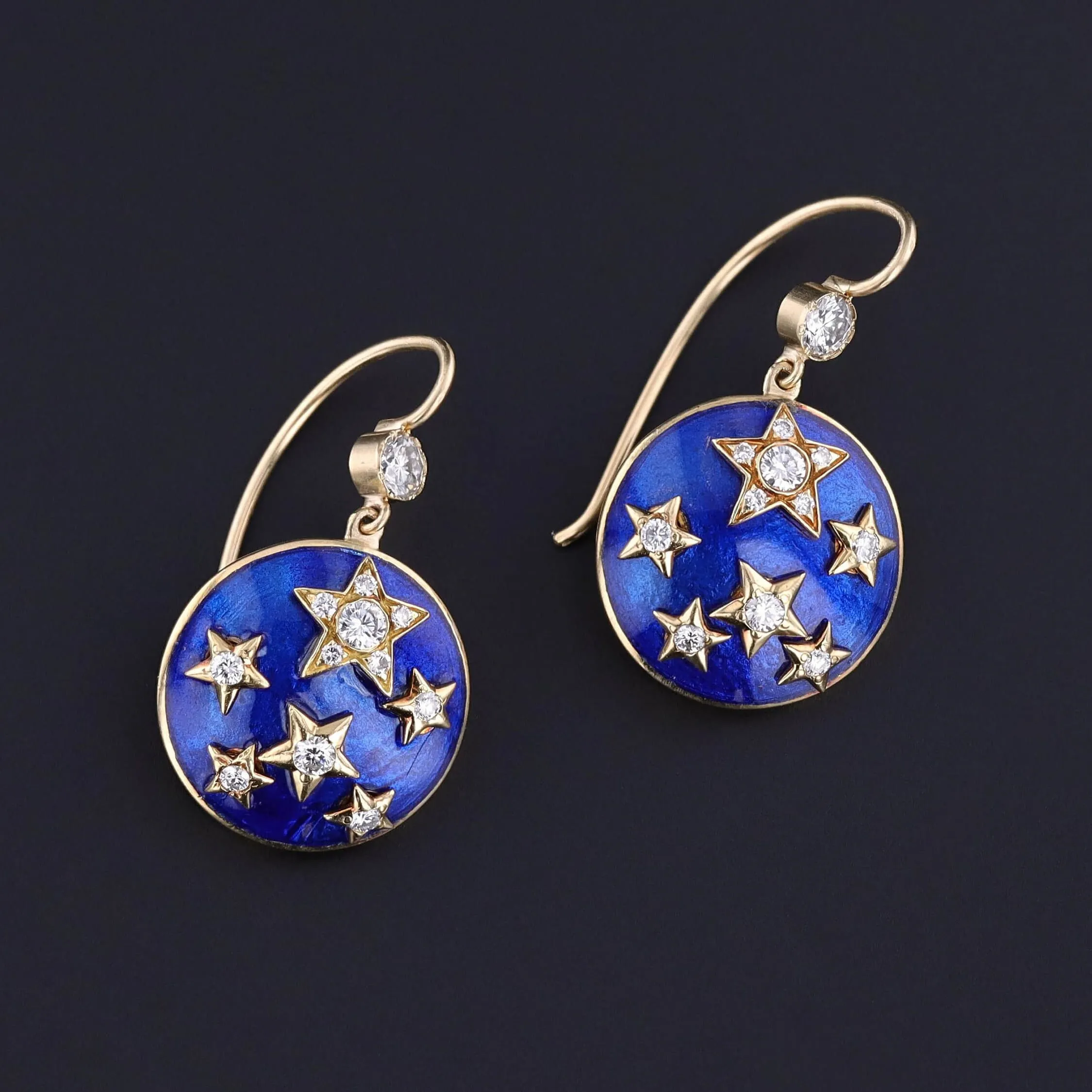 Vintage Enamel and Diamond Star Earrings of 18k Gold