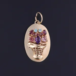 Vintage Gemstone Flower Bakset Pendant of 14k Gold