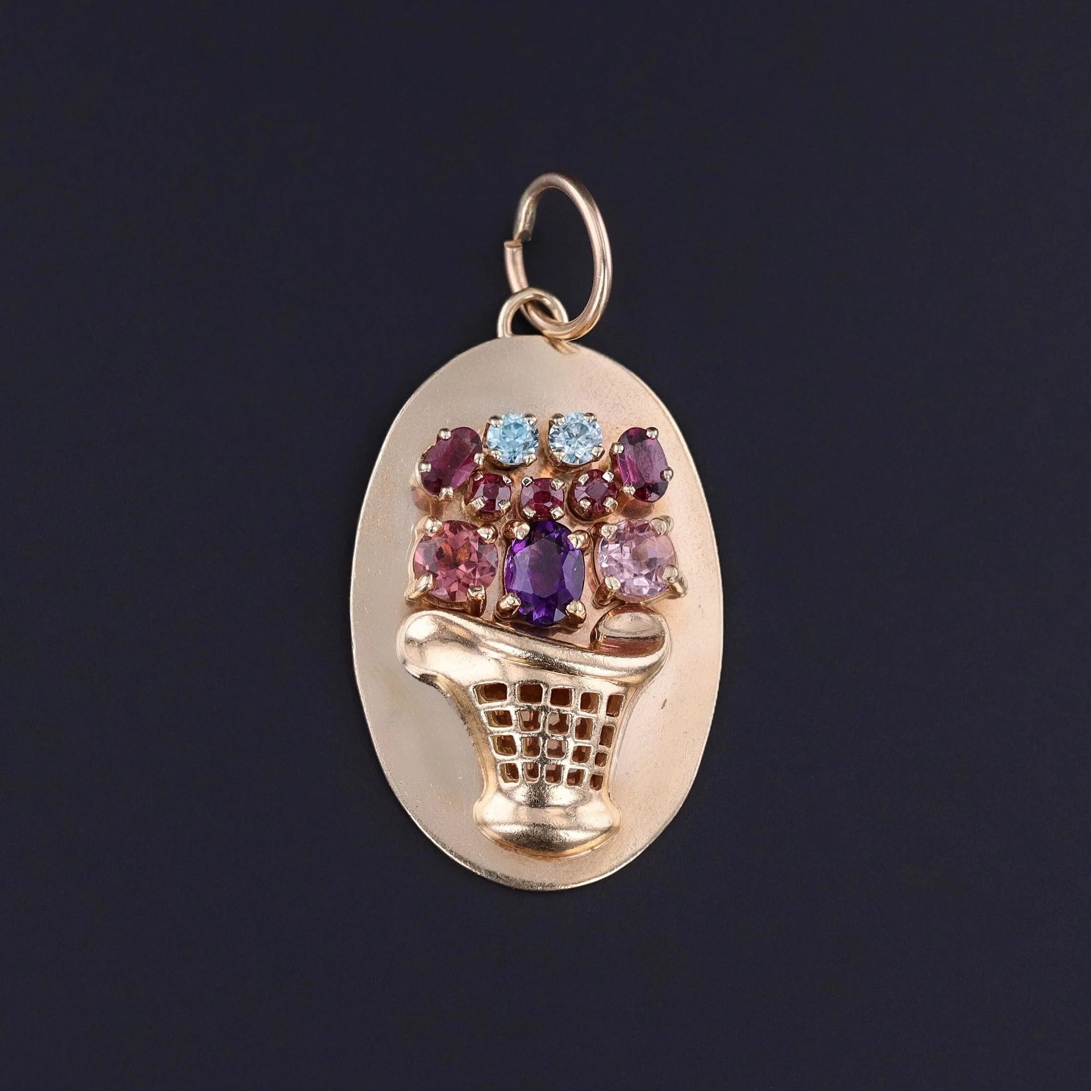 Vintage Gemstone Flower Bakset Pendant of 14k Gold