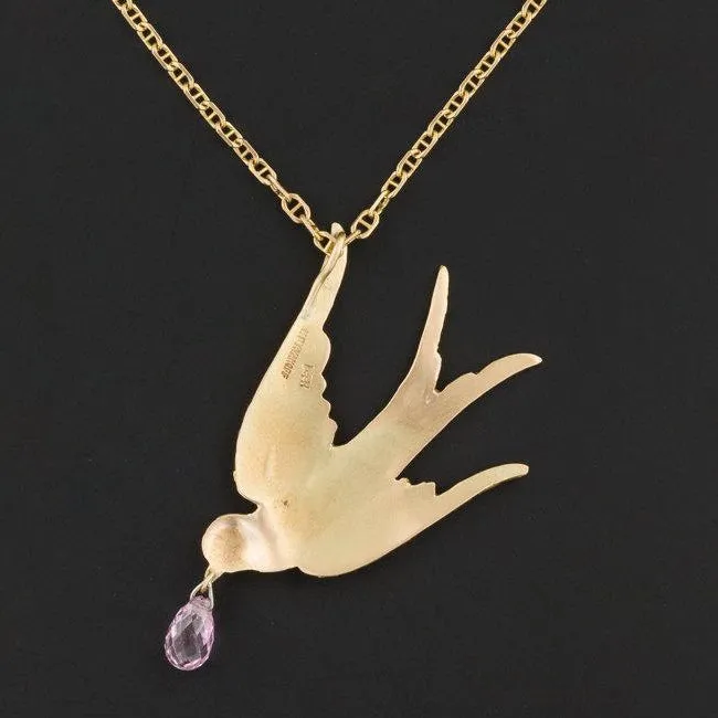 Vintage Gold Nugget Swallow Bird Necklace | Vintage Pin Conversion Necklace