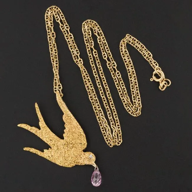 Vintage Gold Nugget Swallow Bird Necklace | Vintage Pin Conversion Necklace