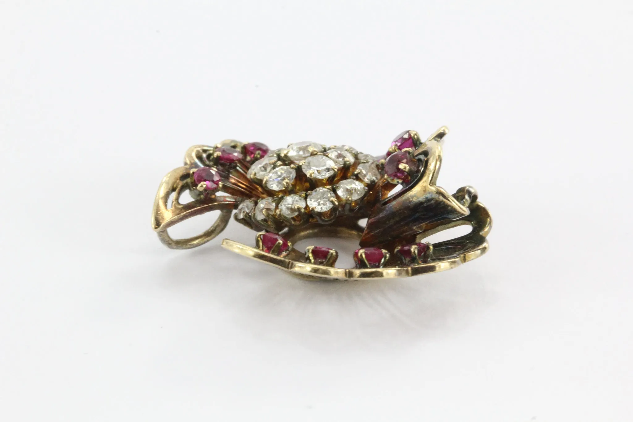Vintage Hollywood Regency 14K Rose Gold Diamond & Ruby Fan Pendant
