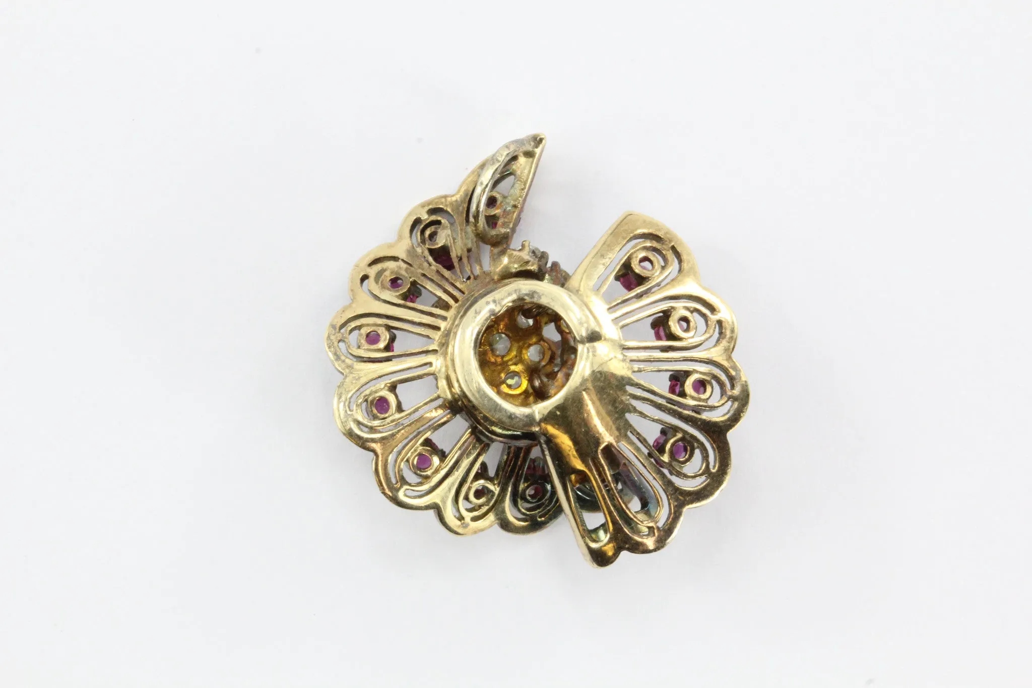 Vintage Hollywood Regency 14K Rose Gold Diamond & Ruby Fan Pendant
