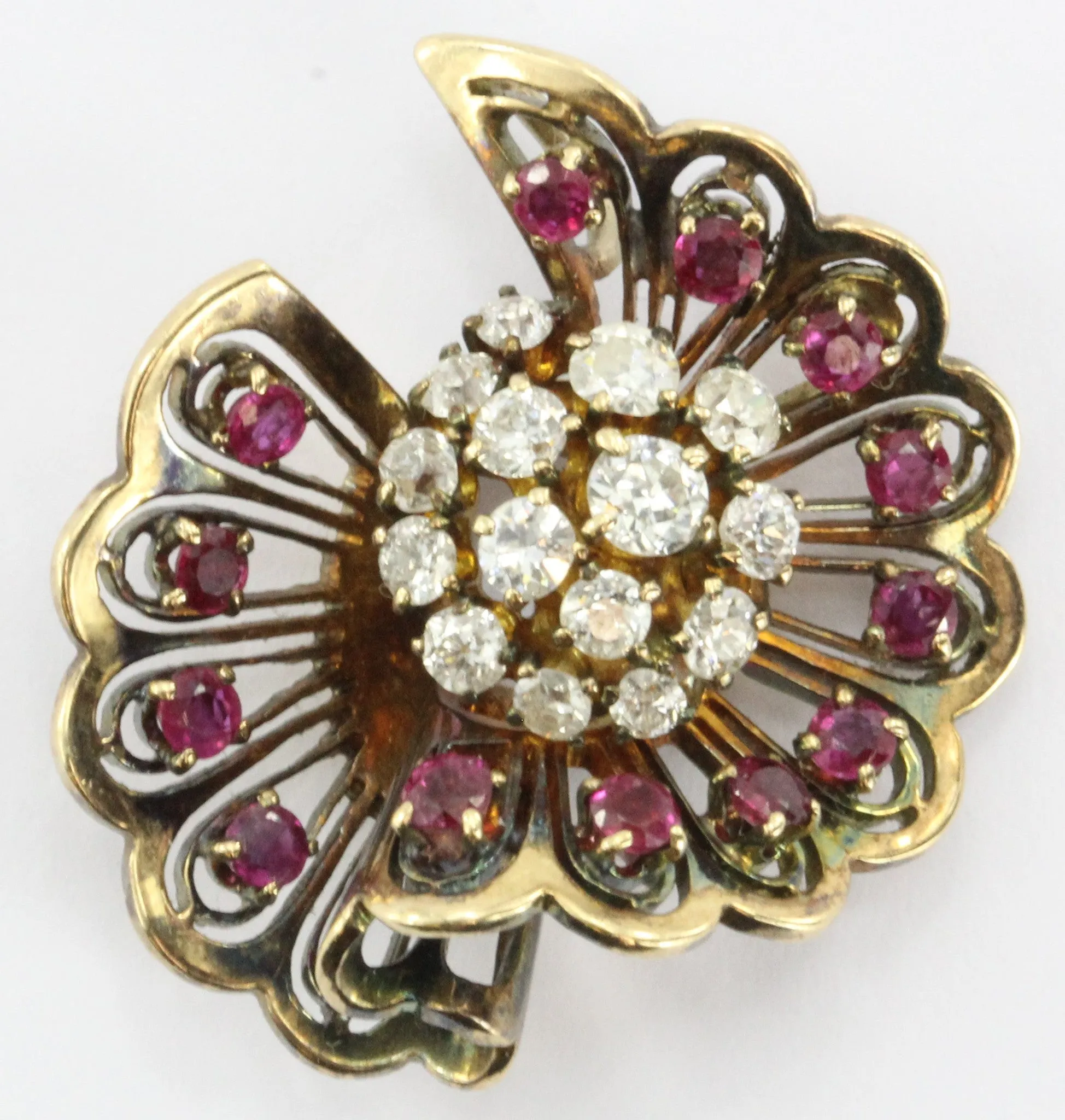 Vintage Hollywood Regency 14K Rose Gold Diamond & Ruby Fan Pendant
