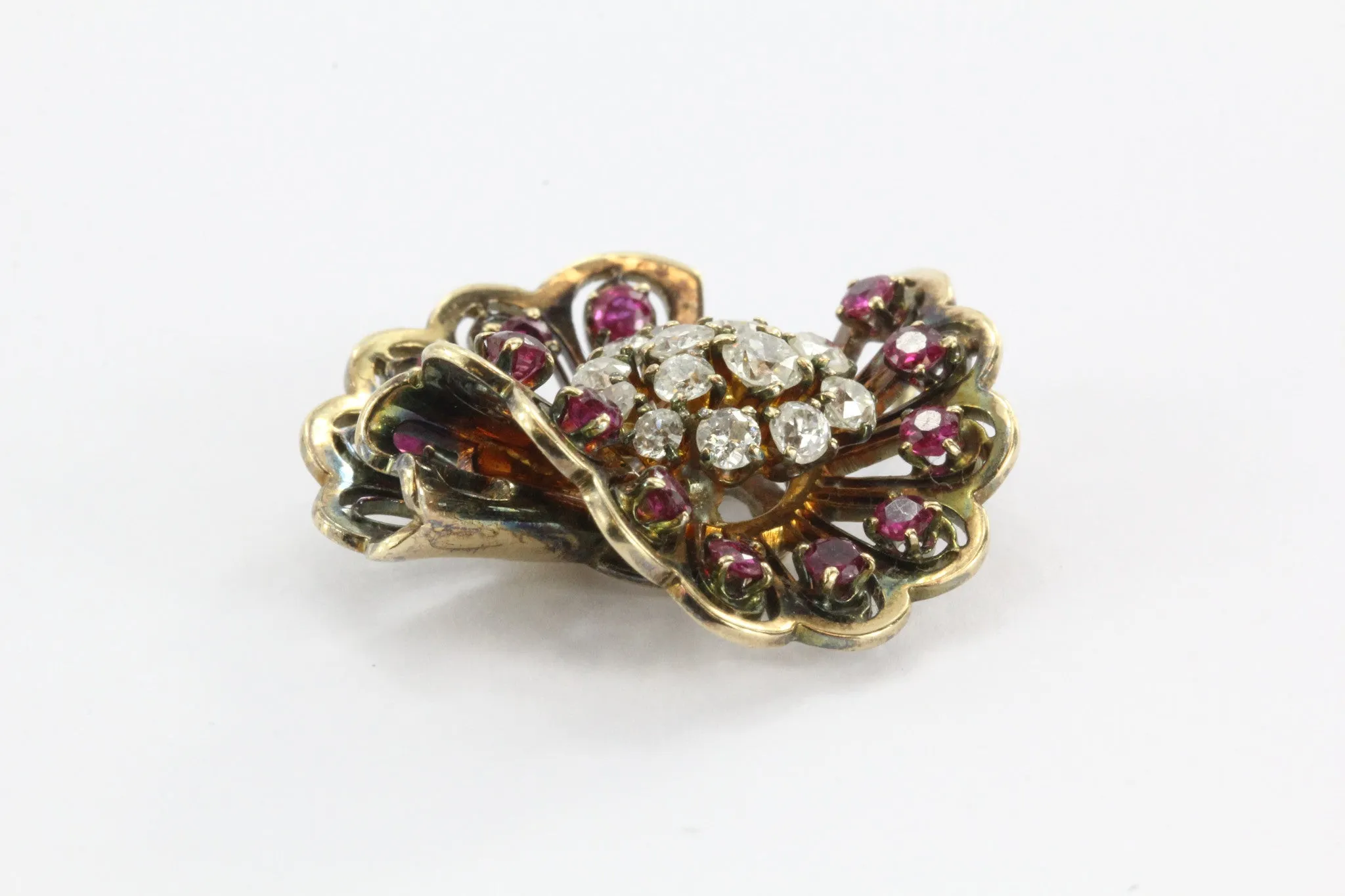 Vintage Hollywood Regency 14K Rose Gold Diamond & Ruby Fan Pendant