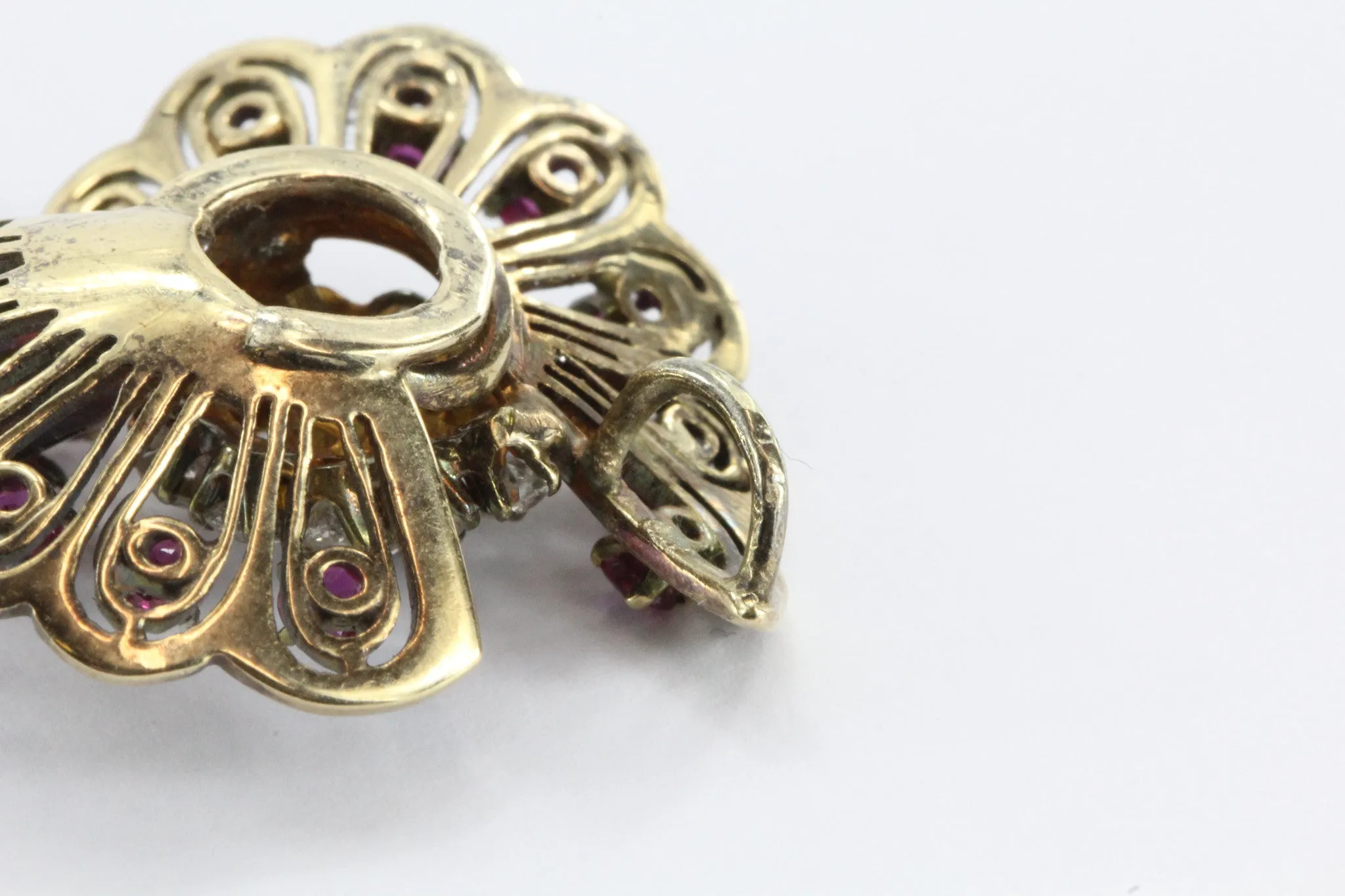 Vintage Hollywood Regency 14K Rose Gold Diamond & Ruby Fan Pendant