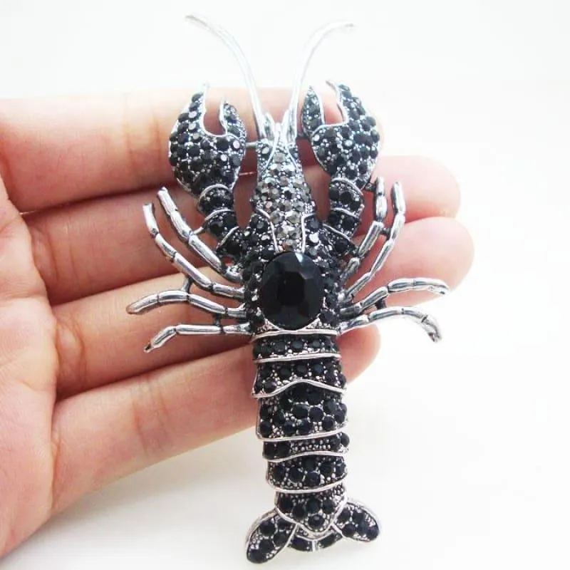 Vintage Style Black Lobster Party Art Nouveau Brooch Pin Rhinestone Crystal
