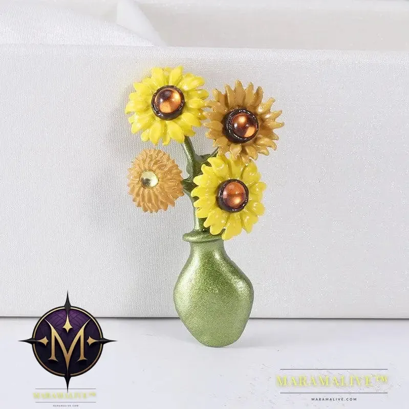 Vintage Sunflower Brooch Vase Crystal Enamel Pins Fashion Jewelry Shirt Cardigan Lapel Pin Brooches Accessories
