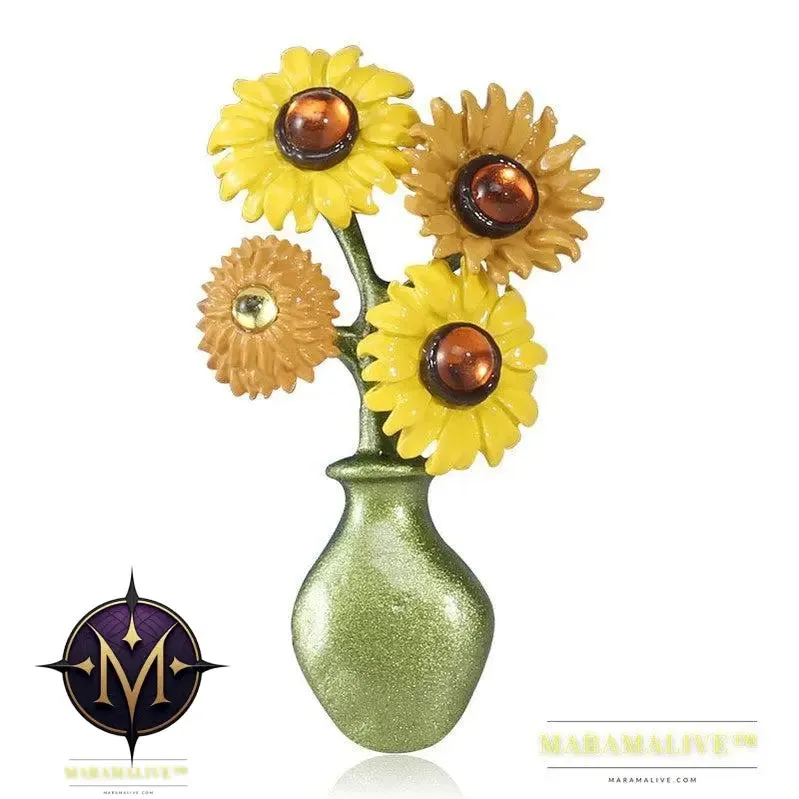 Vintage Sunflower Brooch Vase Crystal Enamel Pins Fashion Jewelry Shirt Cardigan Lapel Pin Brooches Accessories