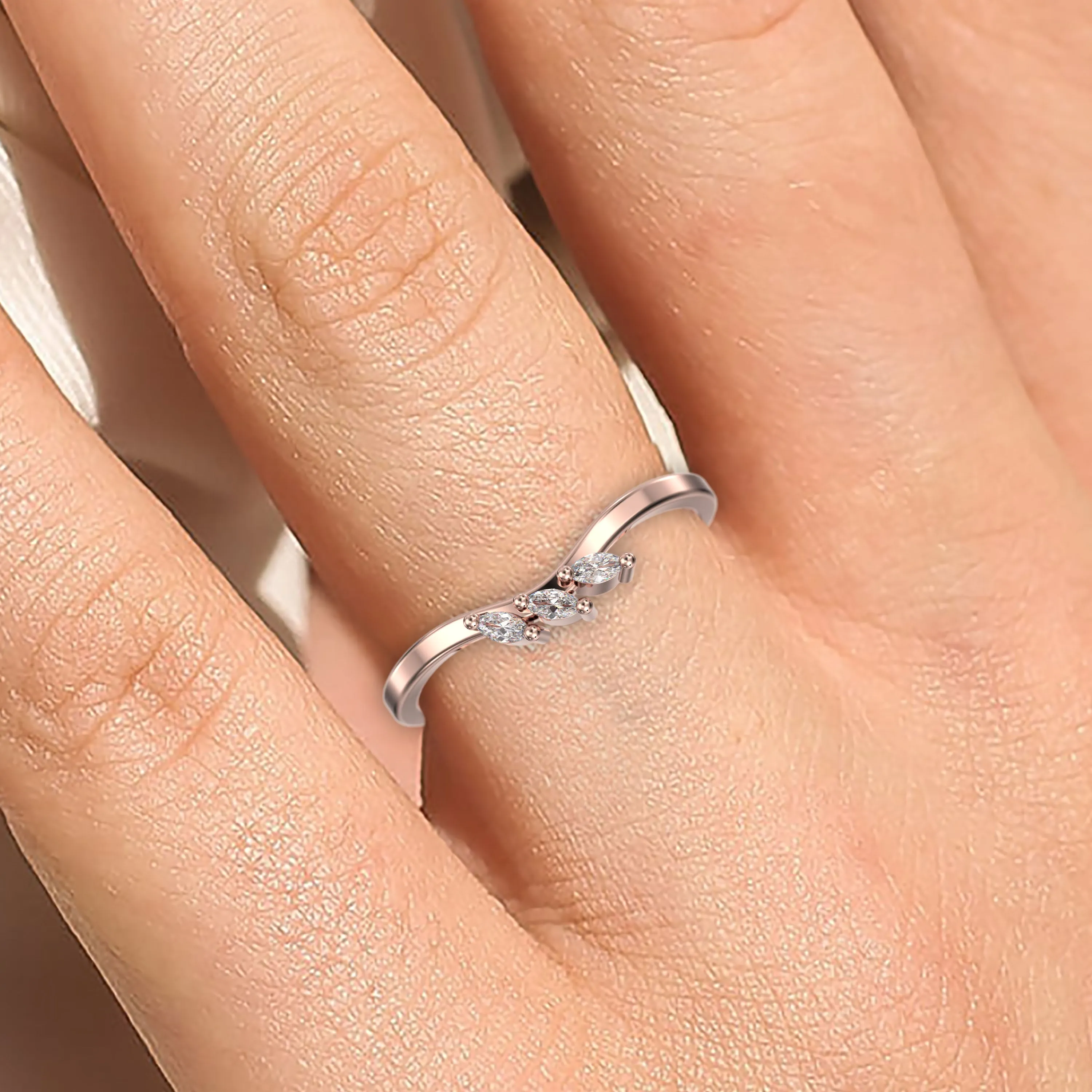 Wedding Band 0.12 Ct Diamond Moissanite Ring Three Marquise Stones 10K/14K/18K Solid Gold