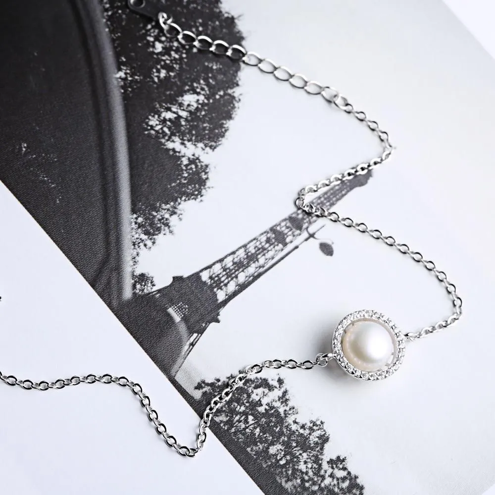 Women 925 Sterling Silver Adjustable Bracelet with Round Simulated Pearl, Party Jewelry Bracelets & Bangles