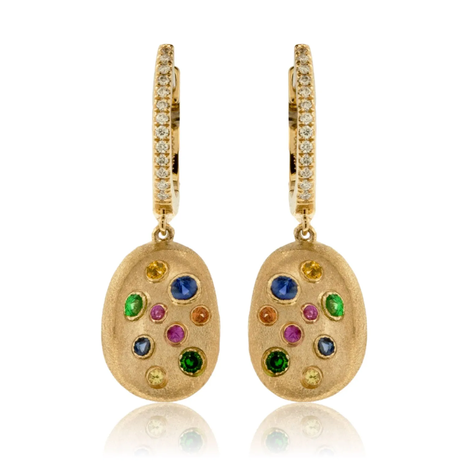 Yellow Gold Satin Finish Flush Set Rainbow Sapphire Earrings