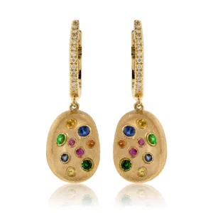 Yellow Gold Satin Finish Flush Set Rainbow Sapphire Earrings
