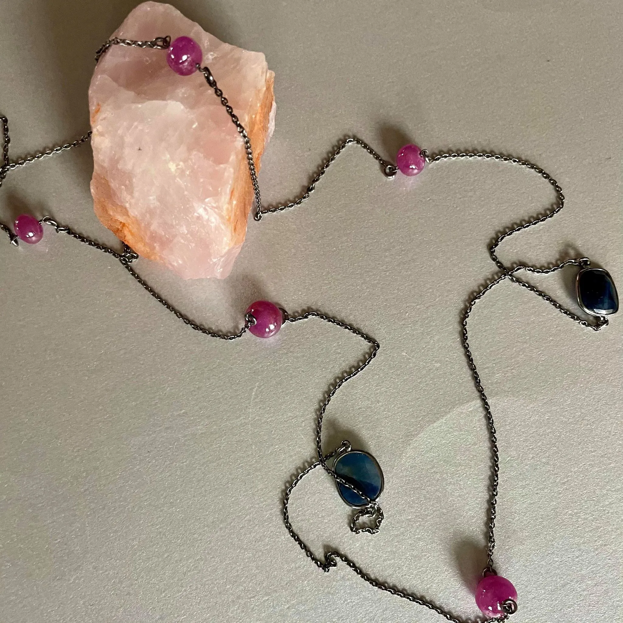 Zaraa Black Rhodium Necklace With Ruby And Blue Sapphire Gemstones