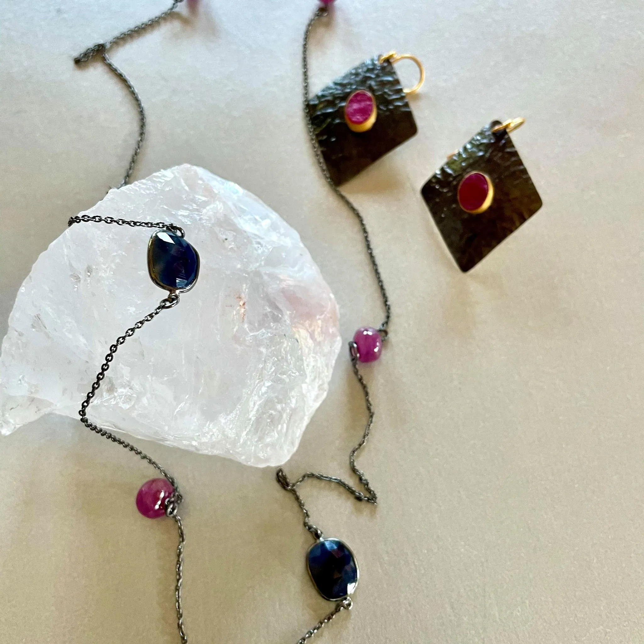 Zaraa Black Rhodium Necklace With Ruby And Blue Sapphire Gemstones