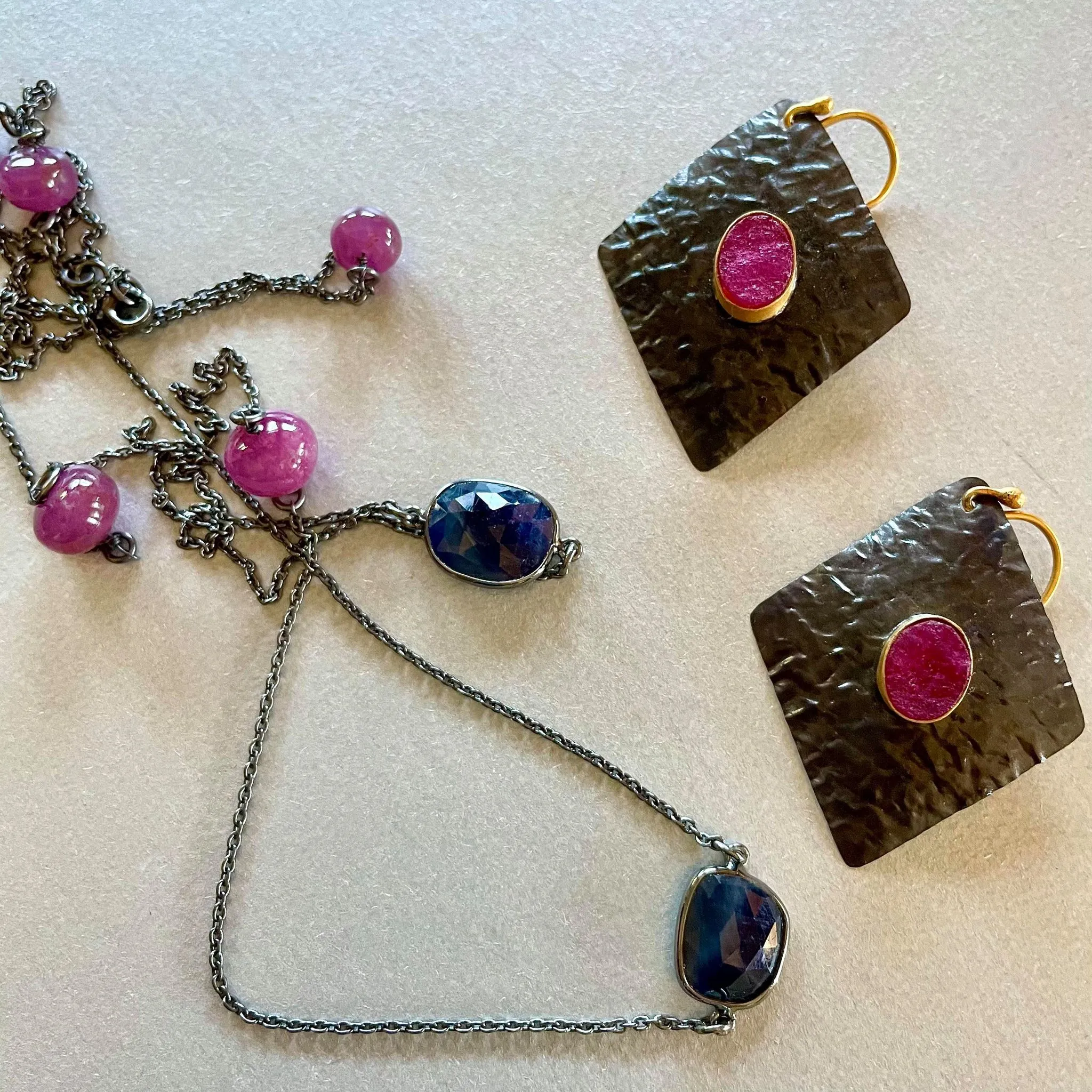 Zaraa Black Rhodium Necklace With Ruby And Blue Sapphire Gemstones